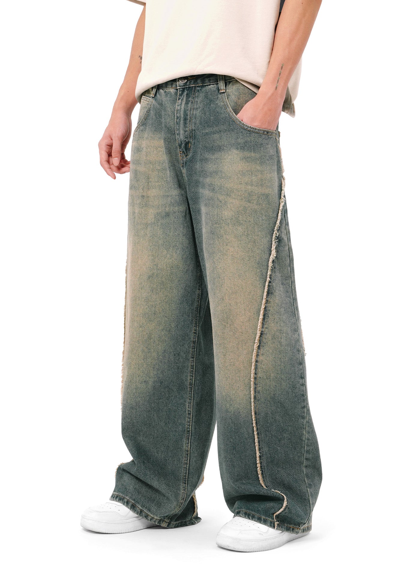 DRUM SELECT Frayed Hem Baggy Jeans- Blue